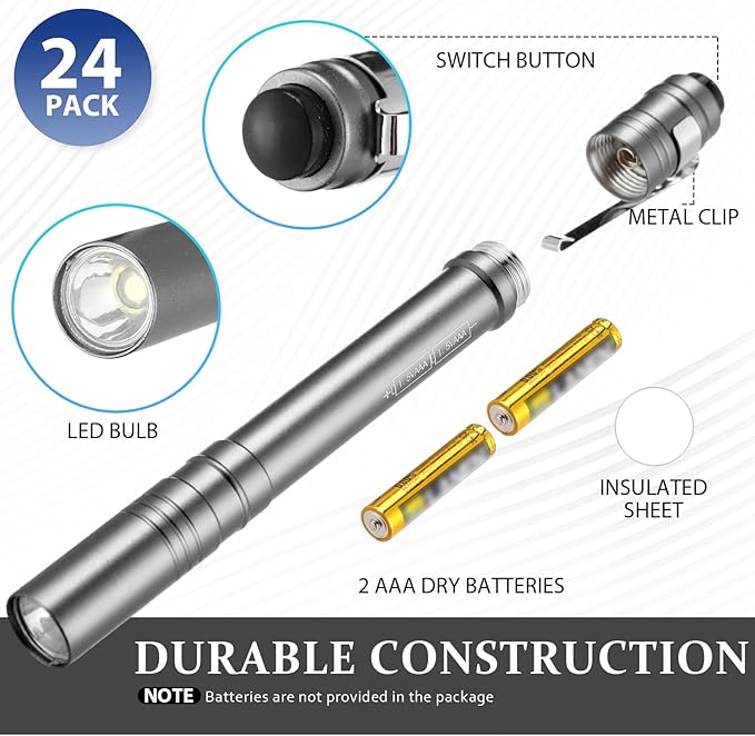 24 Pack Mini Pen Flashlights Bulk LED Pen Lights Aluminum Pocket Flashlights with Clips Small