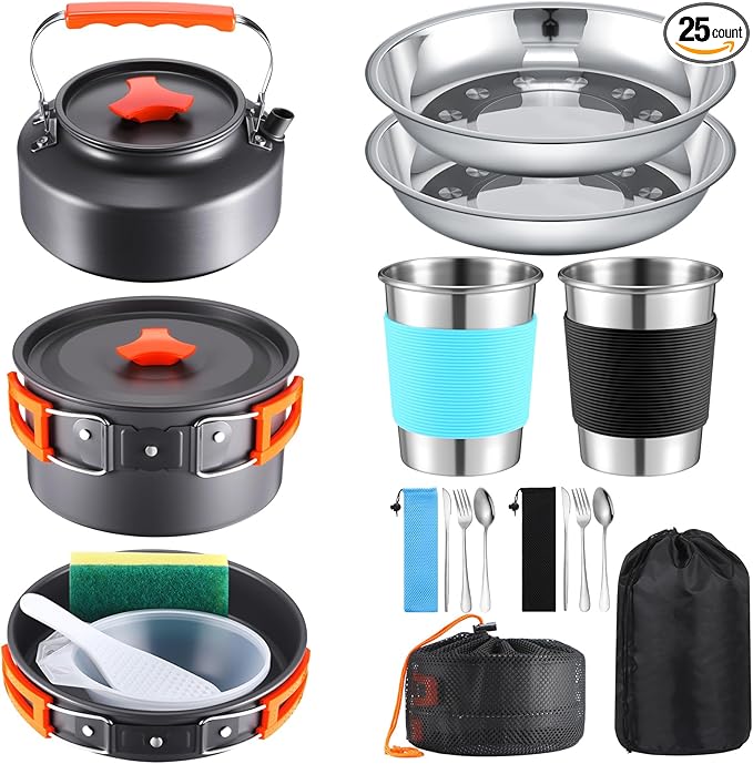 Soulchen 25 Pcs Camping Cookware Mess Kit Camping Pots and Pans Set with 2 Set Stainless Steel Cups