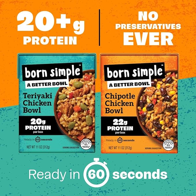 Born Simple Ready to Eat Meals, Variety Pack |Includes 4 Teriyaki Chicken & 4 Chipotle Chicken