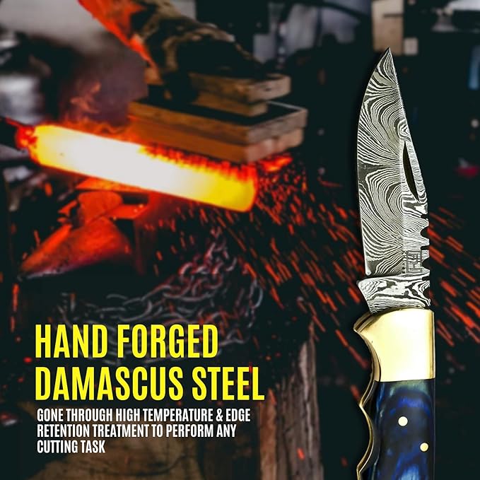 Handmade Damascus Pocket Knife for Men - 6.5 Inch Damascus Knife with Sheath - Damascus Folding