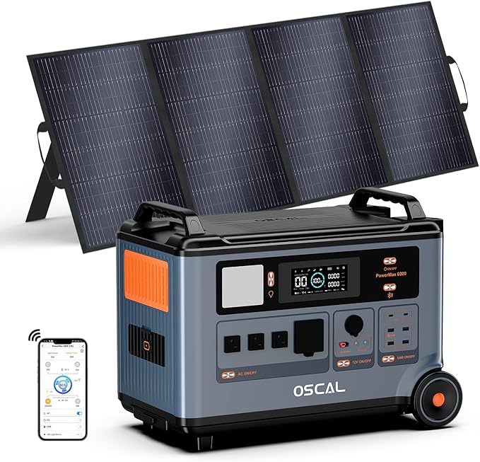 OSCAL PowerMax 6000 Solar Generator with 400W Solar Panel, 120V/240V Portable Power Station 6000W