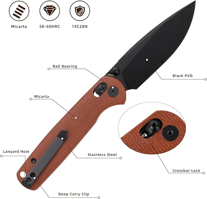 Folding Pocket Knife, 3.23" 14C28N Blade EDC Knife with Clip and Crossbar Lock, Small Pocket Knife