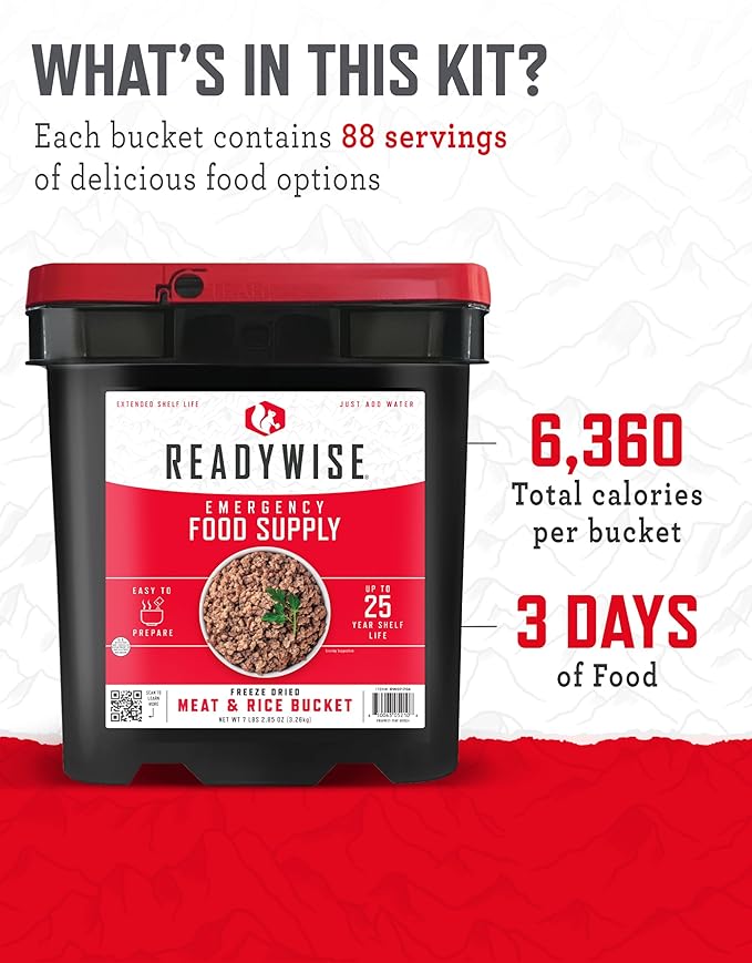 ReadyWise Emergency Food Supply - 88 Servings Meat & Rice Bucket, Freeze Dried Protein Meals