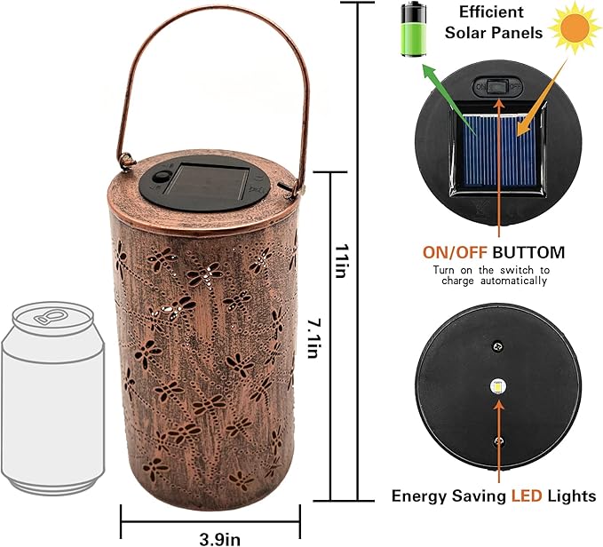 2 Pack Solar Lanterns Outdoor Hanging Lantern Lights, Dragonfly Hollowed-Out Metal Decor Lantern