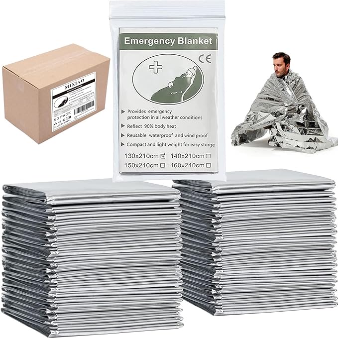 Emergency Foil Blanket (Pack of 50), Survival Thermal Mylar Blankets Individually Packaged Perfect