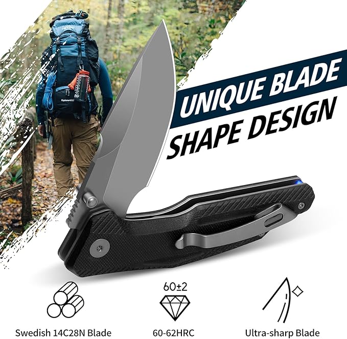 FINTISO Pocket Knife, 3.26" Premium 14C28N Blade G10 Handle with Fire Starter Function, Folding