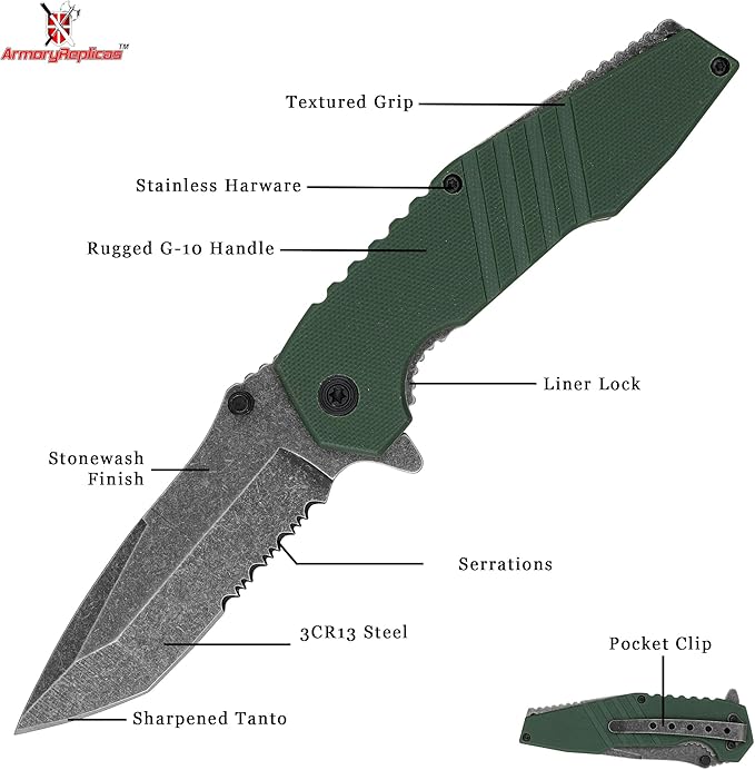 Armory Replicas??Spring Assisted Tanto Folding Knife ??3CR13 Steel Blade with Partial Serration