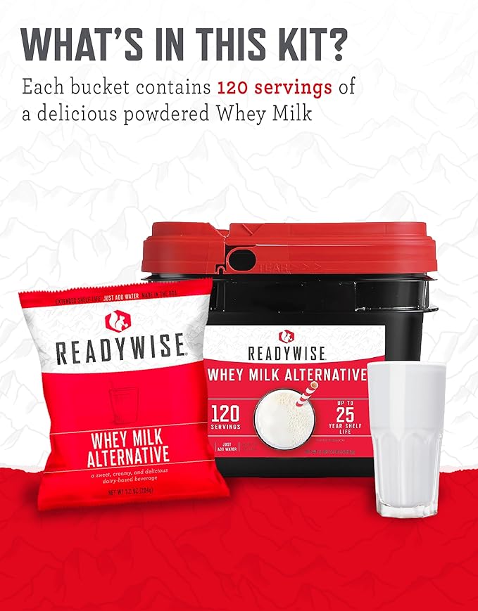 ReadyWise Whey Powdered Milk Alternative - 120 Servings Bucket, Emergency Food Supply, Protein