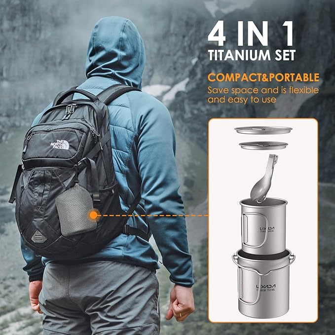 Lixada Titanium Camping Cookware with Folding Spork, 750ml Camping Titanium Pot & 450ml Coffee Mug