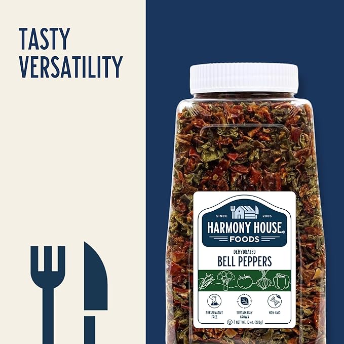 Harmony House Dried Mixed Bell Peppers, Diced ??Dehydrated Vegetables for Cooking, Camping