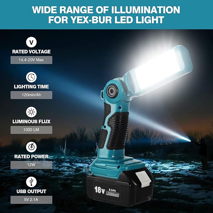 YEX-BUR 12W 1000LM LED Flashlight Work Light for Makita 18V Battery, Jobsite Handheld Spotlight
