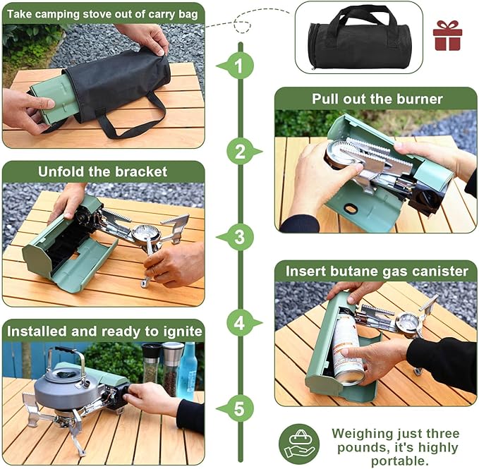 Hisencn Portable Camping Stove with Storage Bag | 8871 BTU/2600W High-Power Outdoor Gas Stove for