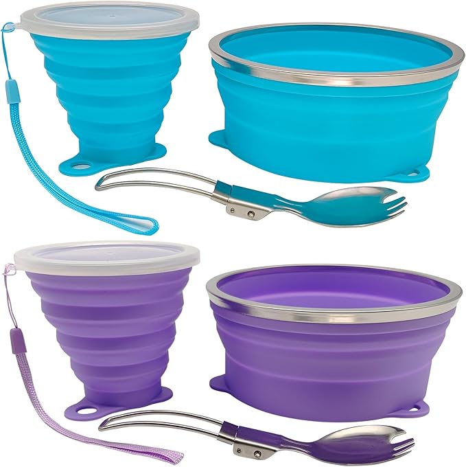 Mess Kit for Camping Silicone Collapsible Bowl Collapsible Cup and Stainless Steel Spoon for