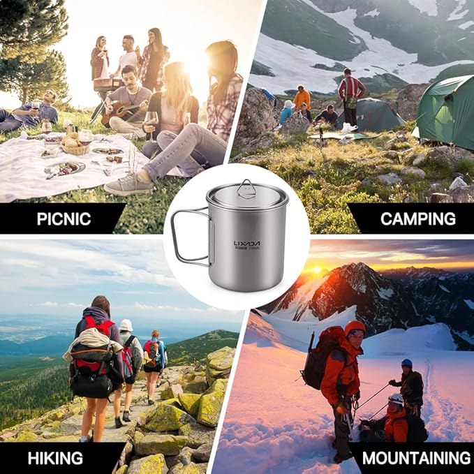 Lixada Titanium Pot, Lightweight Camping Pot Titanium Cup Titanium Backpacking Pot with Portable