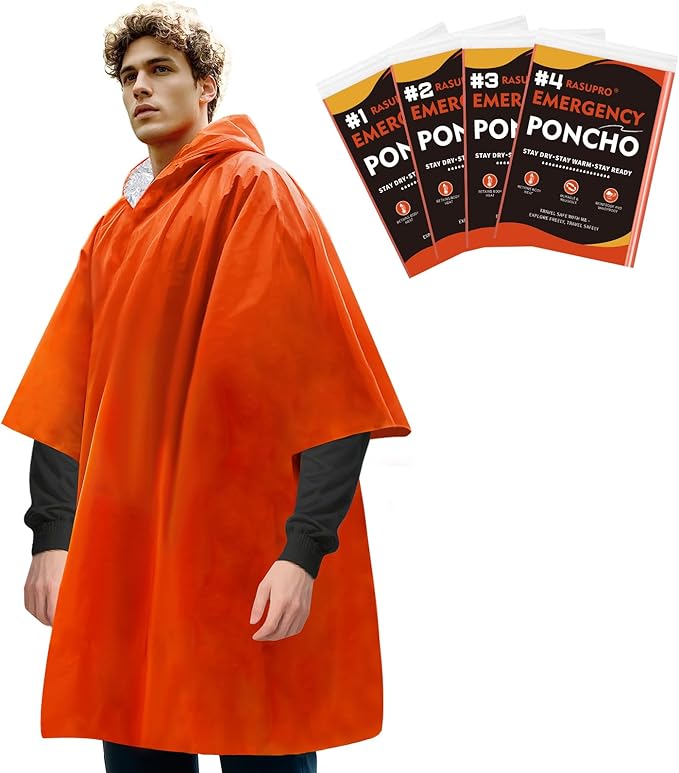 4 Pack Emergency Ponchos with Thickened Mylar Blanket Lining, Windproof, Waterproof, and Thermal