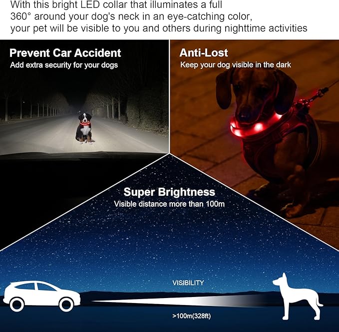 CHUKCHI LED Dog Collar Rechargeable,Waterproof Flashing Collar,Light Up Glow Collar, Adjustable