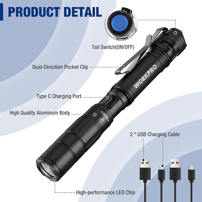 WORKPRO Rechargeable Pen Light, Mini Flashlight, 2 Pack Ultra-Compact EDC Flashlight, Pocket
