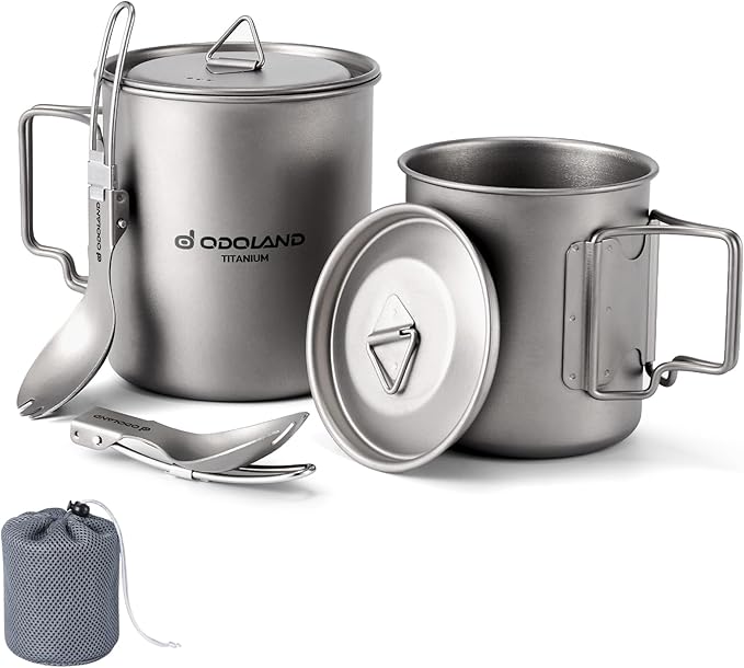Odoland Titanium Camping Cookware 420ML & 750ML Titanium Pot with Lid and Spork Lightweight Camping
