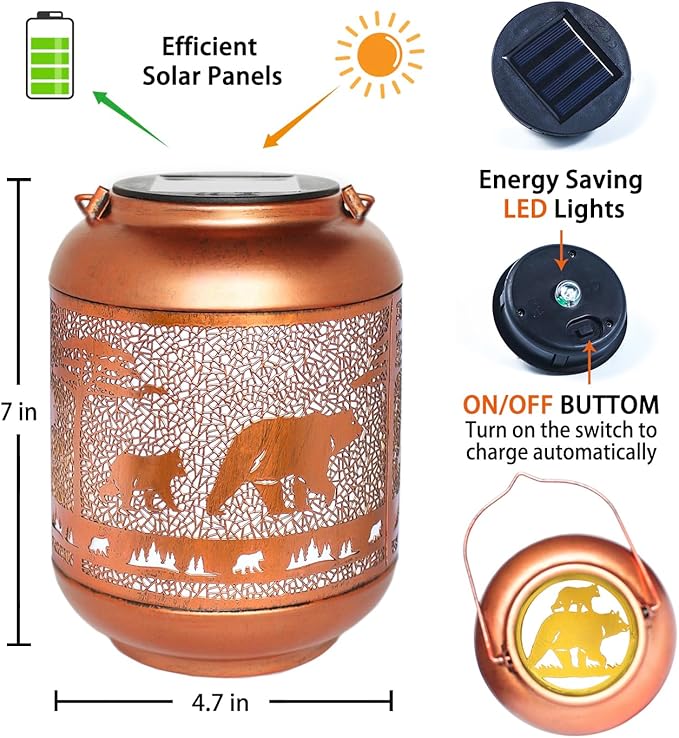 Bear Solar Lanterns Outdoor Waterproof,Hanging Solar Lights Bear Gifts for Women Men Metal LED