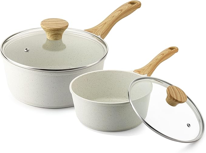 SENSARTE White Ceramic Nonstick Saucepan with Lid Set, Small Cooking Pot with Stay Cool Handle
