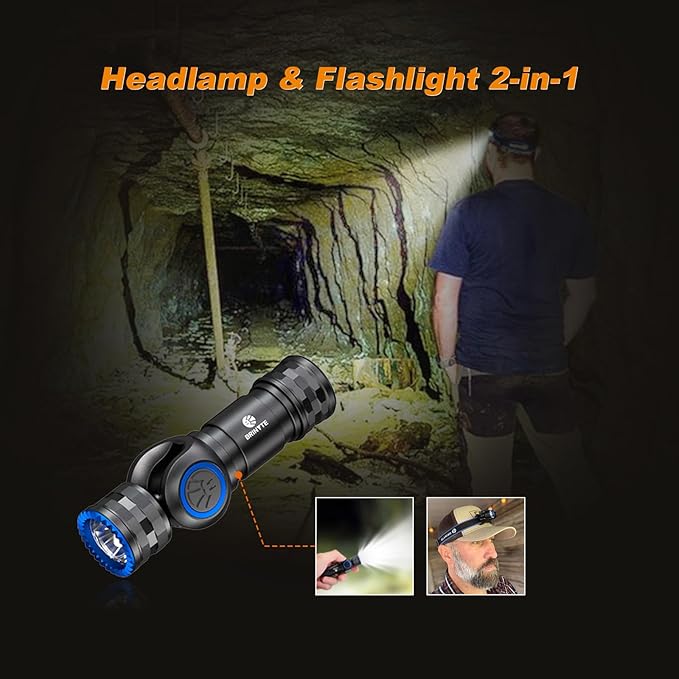 Brinyte HL16 Rechargeable Headlamp Flashlight, 0-90° Adjustable LED Work Light with Magnetic Base