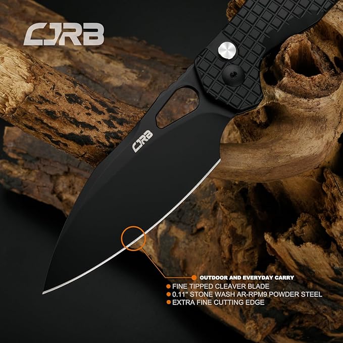 CJRB Frack Pocket Knife, 3.9" AR-RPM9 Steel Blade PVD Coating Frag Pattern Steel Handle EDC Knife