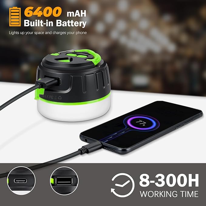 Rechargeable Camping Lantern with 6400mAh Battery, 300 Hour Runtime, 5 Light Modes, Adjustable