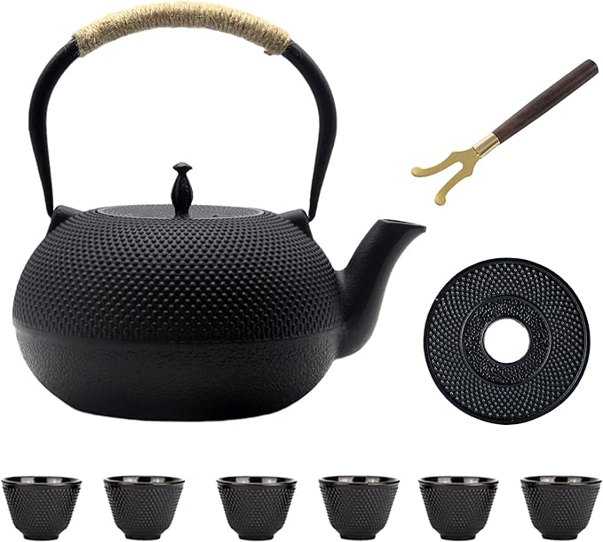 Big Cast Iron Teapot Set with Cups, Japanese Tetsubin Tea Kettle for Stovetop Safe, Cast Iron Tea