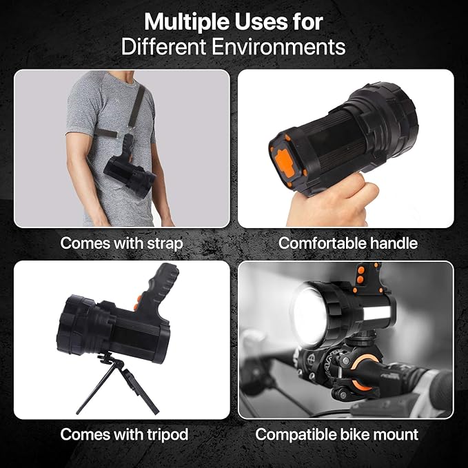 Powerful Spotlight - Super Bright 6000 Lumen Rechargeable Flashlight with 3 Light Modes, Long