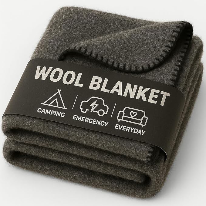 Wool Camping Blanket ??70% Wool Heavy-Duty Military Style Throw, Warm & Washable, Fire Retardant