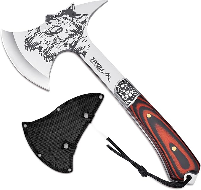 TIVOLI 13" Camping Axe, Wolf - Patterned Survival Hatchet with Nylon Sheath, High Carbon Steel