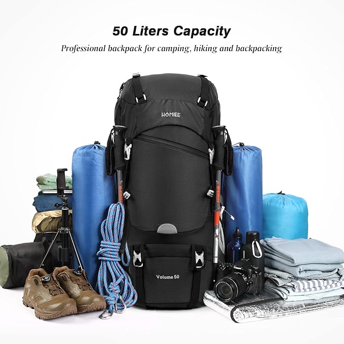 HOMIEE 50L Hiking Backpack Travel Bag Waterproof Camping Rucksack with Rain Cover Lightweight