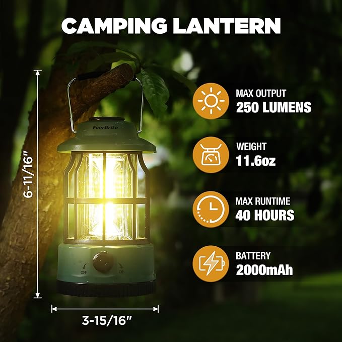 EverBrite LED Camping Lantern, USB C Rechargeable Lantern with Stepless Dimming, Vintage Portable