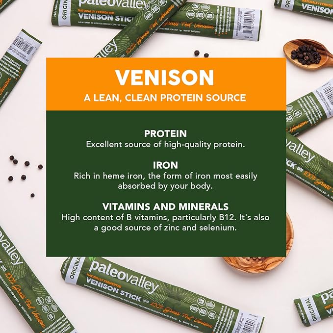 Paleovalley 100% Grass Fed Venison Sticks – 10 Pack – Keto-Friendly, High Protein, Low-Calorie