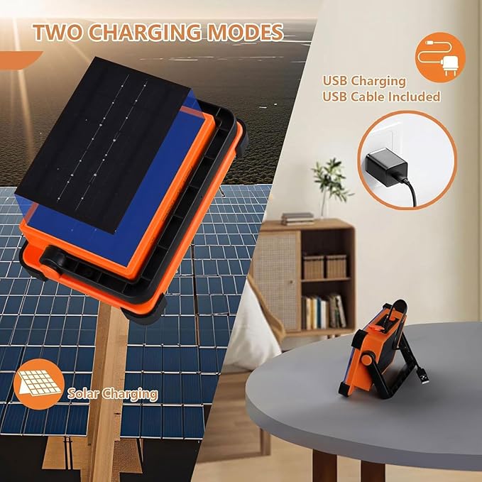 120W Solar Rechargeable Work Light, 144 LED 10000LM Portable Flood Light with Stand, IP66
