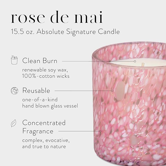 LAFCO New York Signature Candle, Rose de Mai - 15.5 oz - 90-Hour Burn Time - Reusable, Hand Blown