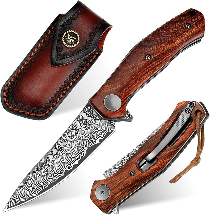 Benkey Damascus Folding Knife with Clip Leather Sheath Camping Knife EDC, Sharp Damascus Pocket