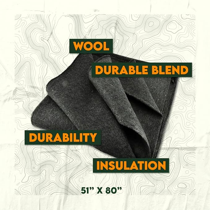 SE 51"x 80" Multipurpose Gray Wool Blanket - 50% Wool, Lightweight 2 lb, Zippered Bag Included
