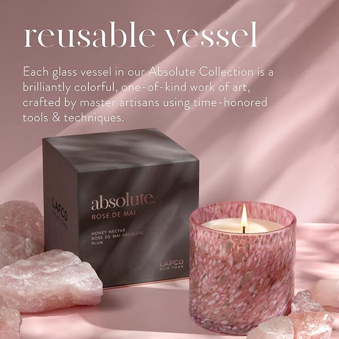 LAFCO New York Signature Candle, Rose de Mai - 15.5 oz - 90-Hour Burn Time - Reusable, Hand Blown