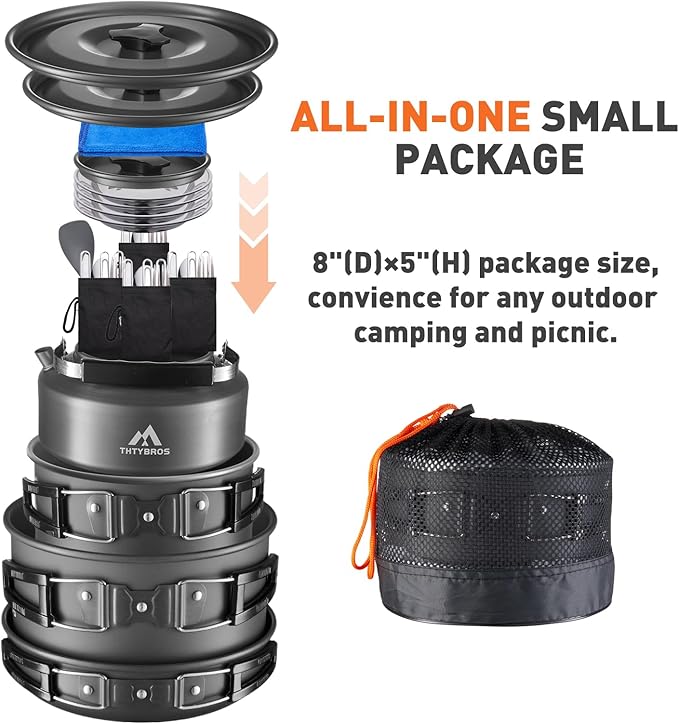 27pcs Camping Cookware Mess Kit for 2-4 People, Portable Cookware Set with Kettle, Pots & Pans