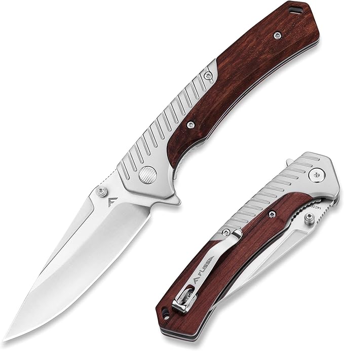 FLISSA Pocket Knife with 3.35" 14C28N Steel Blade, Liner Lock Folding Knife with Wood Handle for