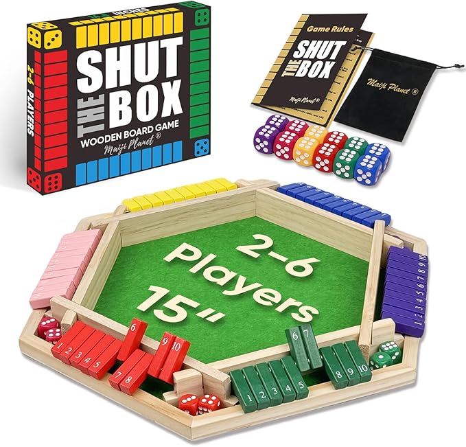 Original Classic 2-6 Player Shut The Box Game, Math Dice Board Game for Family Night Classroom
