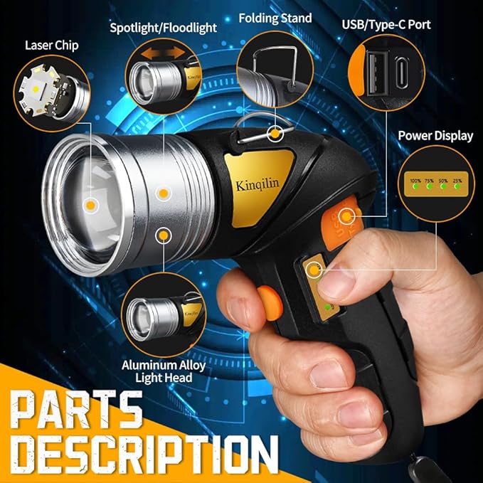 Rechargeable Spotlight with Adjustable Focus,2000LM,12H Long Lasting Handheld Spotlight with