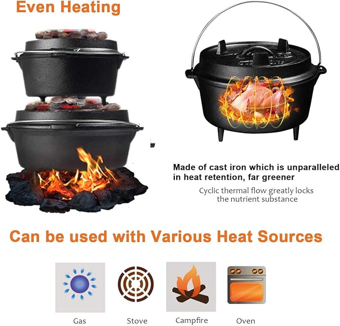 Overmont Camp Dutch Oven Pre Seasoned Cast Iron Lid Also a Skillet Casserole Pot with Lid Lifter
