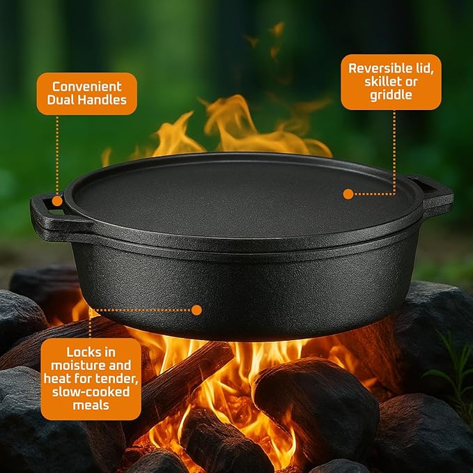 Bruntmor 3-in-1 Pre-Seasoned Cast Iron Skillets with Reversible Grill Griddle Lid - 6.8 Quart Round
