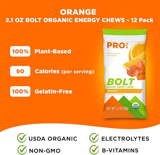 PROBAR - BOLT Organic Energy Chews, Orange, Non-GMO, Gluten-Free, USDA Certified Organic, Healthy
