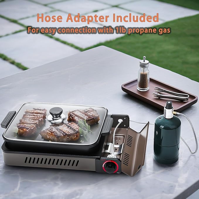 ONLYFIRE Butane Stove with Grill Pan, Portable Stove with Small Griddle & Lid, Camping Stove