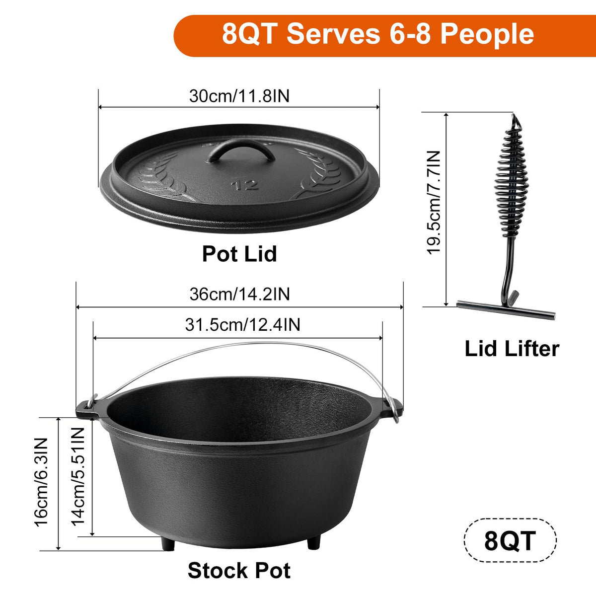 Blingco Cast Iron Dutch Oven - 8QT, Pre-Seasoned, Cast Iron, Large - product view 2