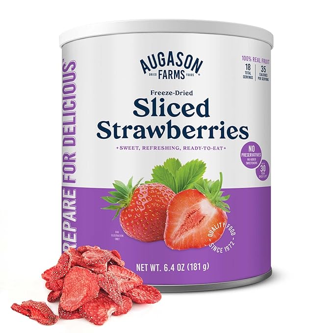 Augason Farms Freeze Dried Sliced Strawberries Can - Gluten Free Snack for Baking, Smoothies, and