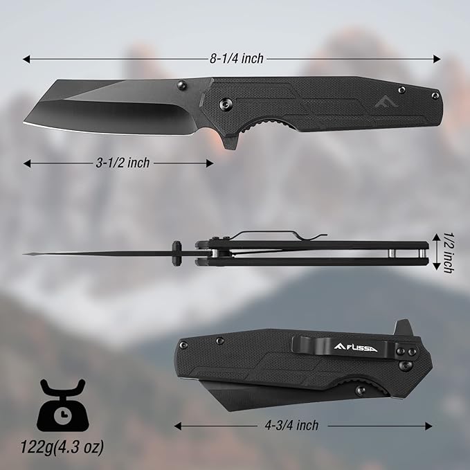 FLISSA Pocket Knife, 3.5" Folding Stonewash Blade Tactical Knife, G10 Handle, for Outdoor
